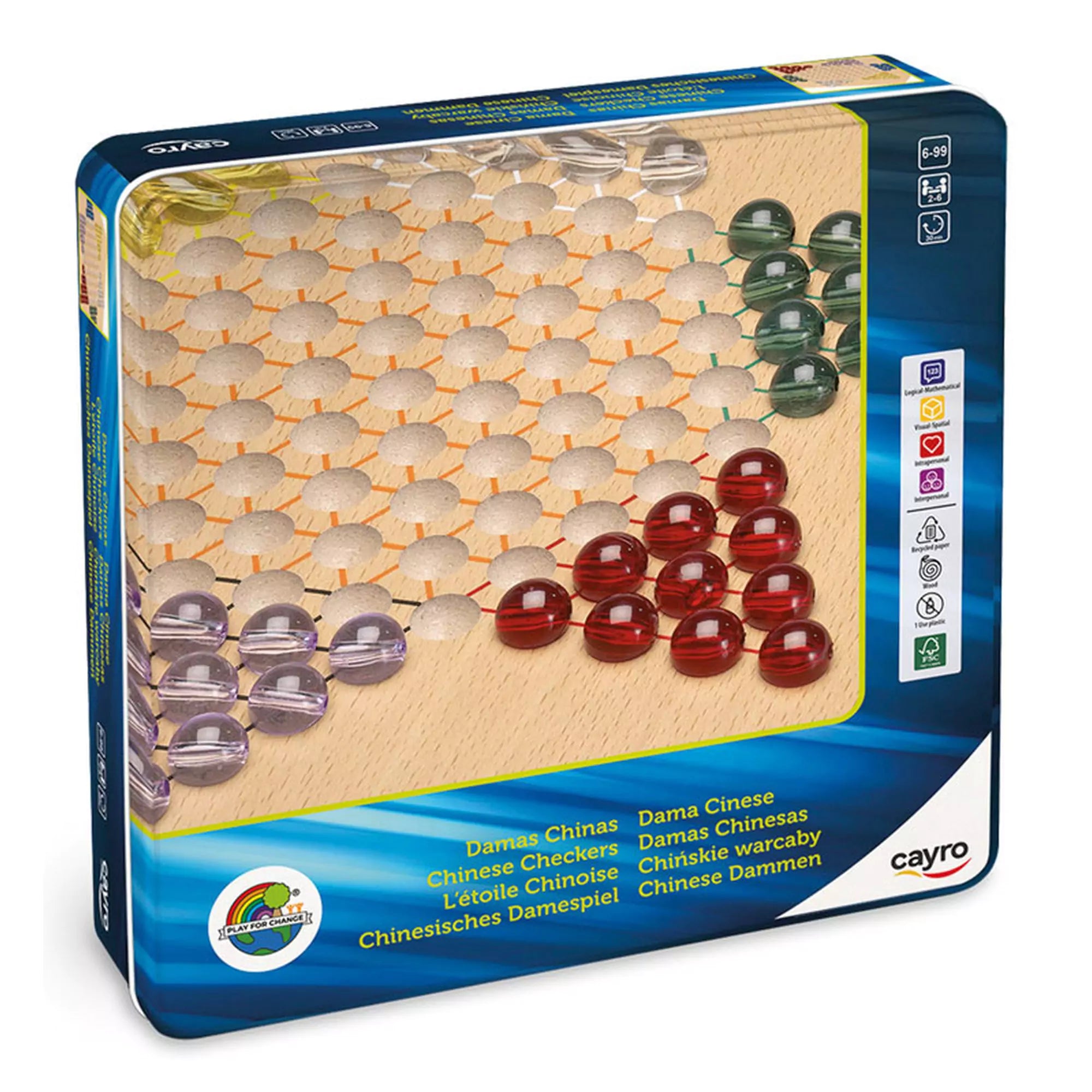 A Cayro márkájú Chinese Checkers (kínai dáma) társasjáték doboza, amely fából készült játéktáblát és színes üveggolyókat tartalmaz; a doboz előlapján részben látható a játék tábla és a szabályok ikonjai is.