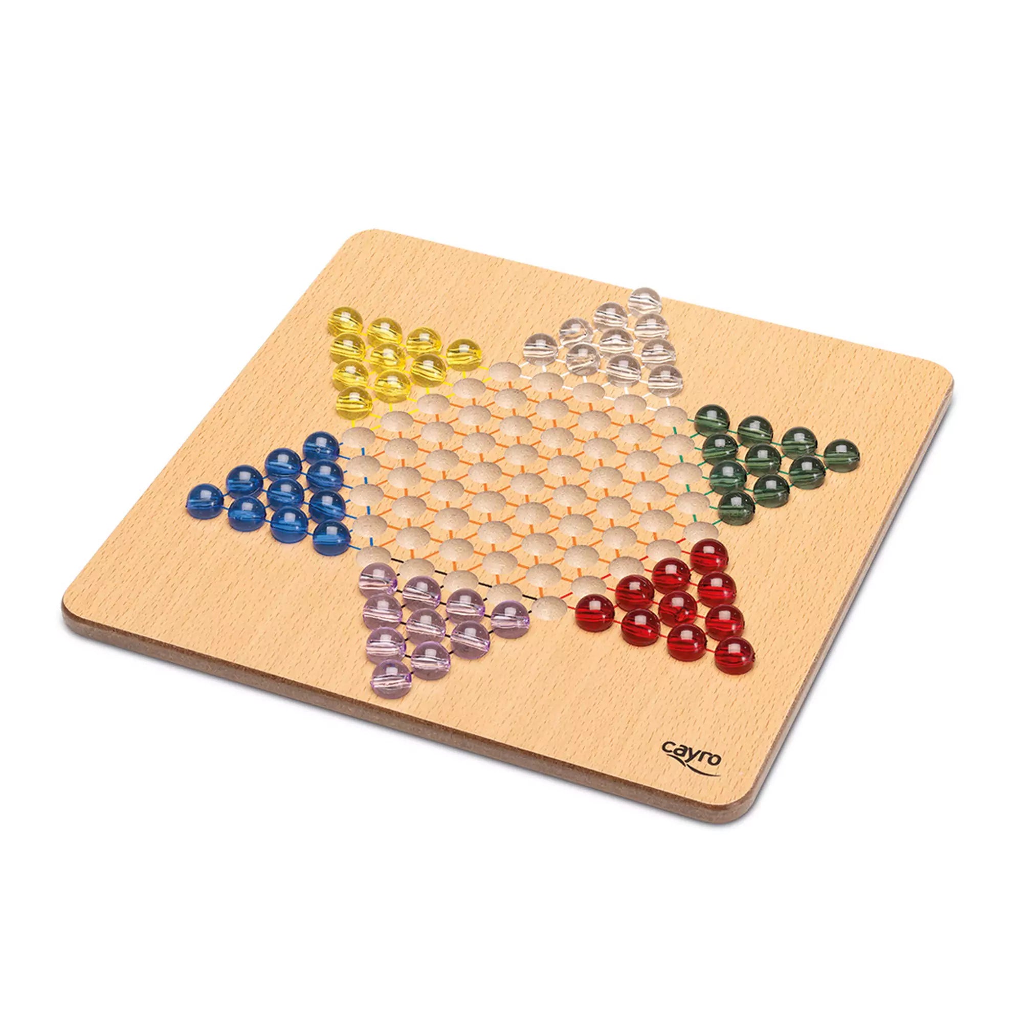 A Cayro Chinese Checkers társasjáték hatágú csillag alakú fa játéktáblája, minden csúcsán más színű (piros, zöld, sárga, átlátszó, lila, kék) golyókkal elhelyezve.