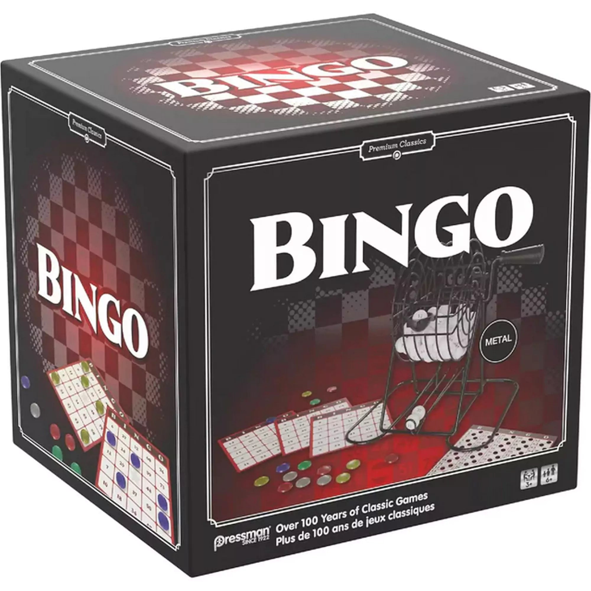 A Klasszikus Bingo, többnyelvű társasjáték doboza oldalnézetből, piros-fekete dizájnnal és fémből készült golyósorsolóval.