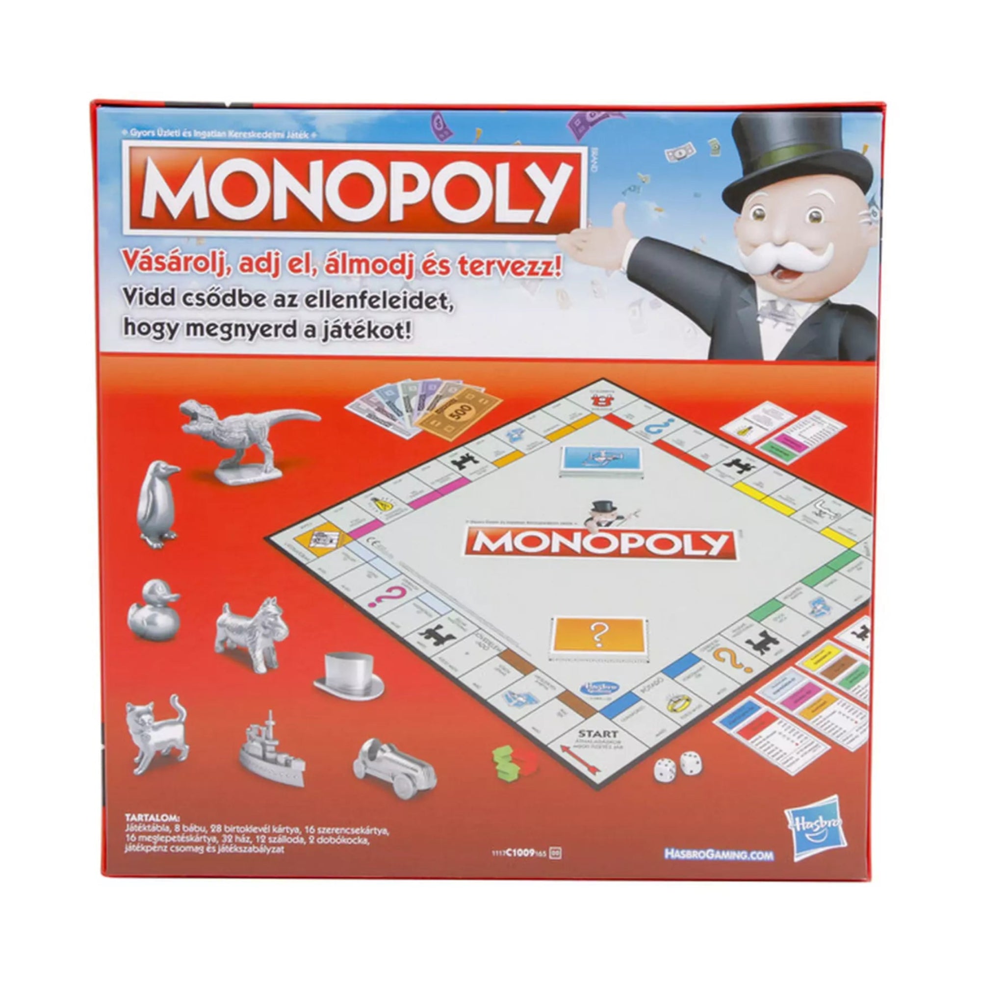 A Monopoly társasjáték dobozának hátlapja, amely bemutatja a teljes játéktáblát, a különféle bábukat – például dinoszaurusz, pingvin, hajó – és a játékelemeket. A piros-fehér logó mellett a felirat: „Vásárolj, adj el, álmodj és tervezz!”.