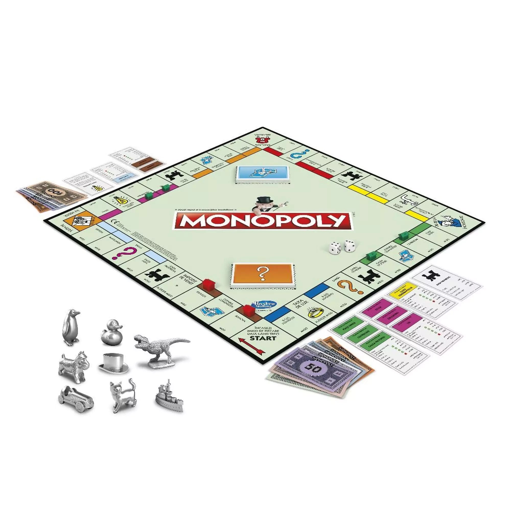 Monopoly Classic társasjáték kibontva, játéktáblával, pénzzel, kártyákkal és 10 féle fém bábuval, köztük dínóval és hajóval.