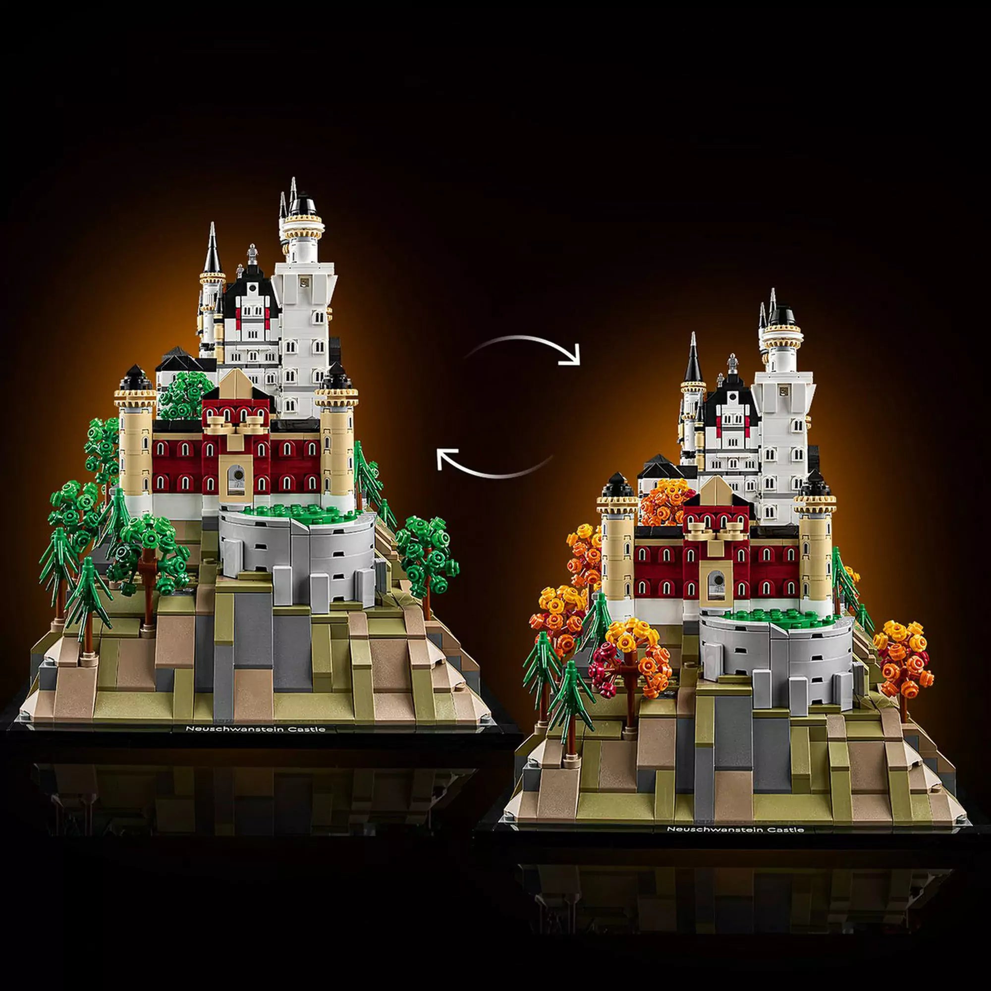 LEGO Architecture: Neuschwanstein kastély (21063) modell nyári és őszi tájjal, váltakozó zöld és narancs lombkoronákkal.