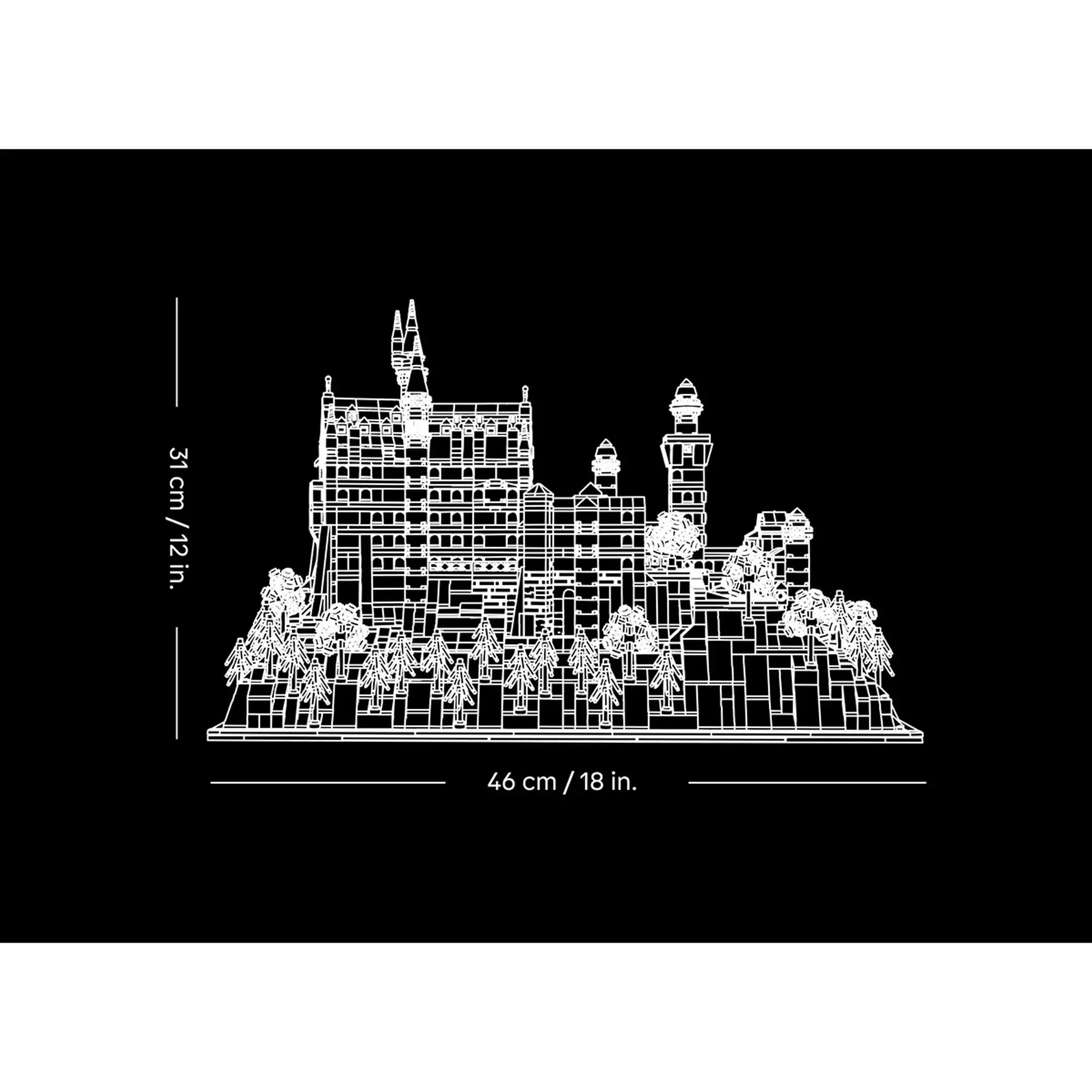 LEGO Architecture: Neuschwanstein kastély (21063) modell méretei, 31 cm magas és 46 cm széles, elegáns kiállításhoz.