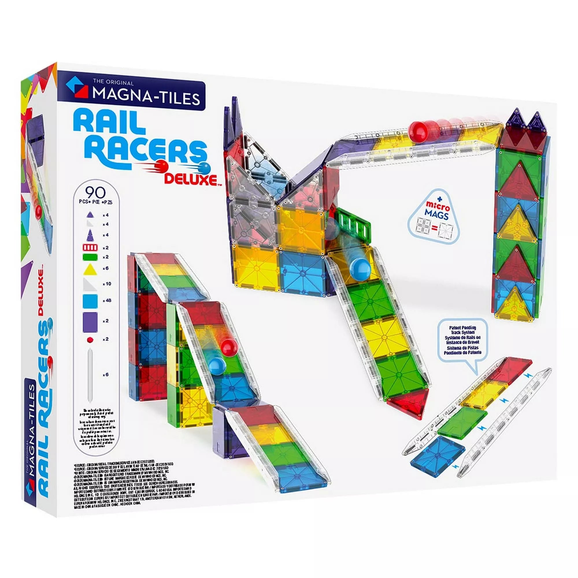 A MAGNA-TILES Rail Racers Deluxe készlet hátoldala, amely bemutatja a 90 darabos tartalmat: síneket, mágneses elemeket, golyókat és építési példákat. A dobozon a microMAGS technológia és a kompatibilitás is kiemelve szerepel.