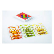 Mantis mini társasjáték kártyái közelről – piros, zöld és sárga illusztrált lapok, színpompás sáskarákokkal.