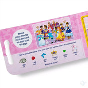 Melissa & Doug mágneses kirakó – Hercegnők belső oldal, királyi bál illusztrációval és keresd meg típusú feladatokkal (pl. kutya, szív, rózsa).