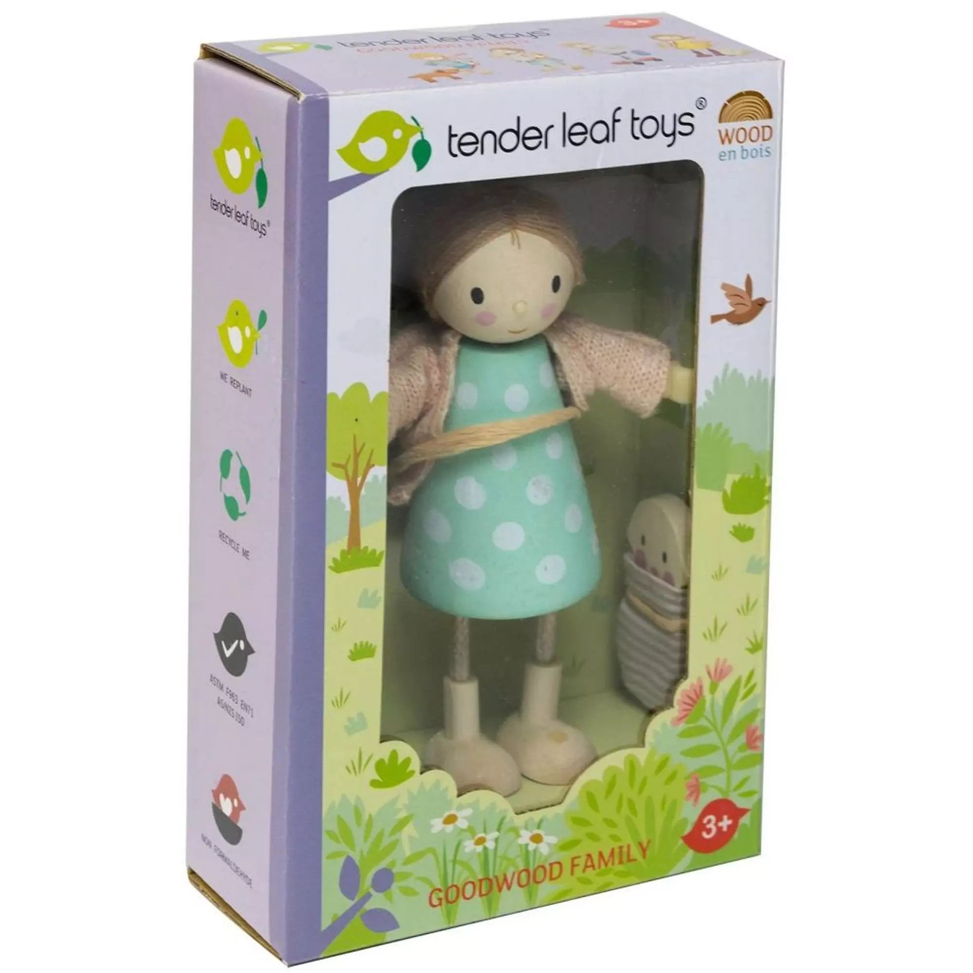 Mrs. Goodwood és a kisbabája csomagolásban, Tender Leaf Toys – A prémium minőségű fa játékfigura eredeti csomagolásban, tökéletes babaházakhoz.