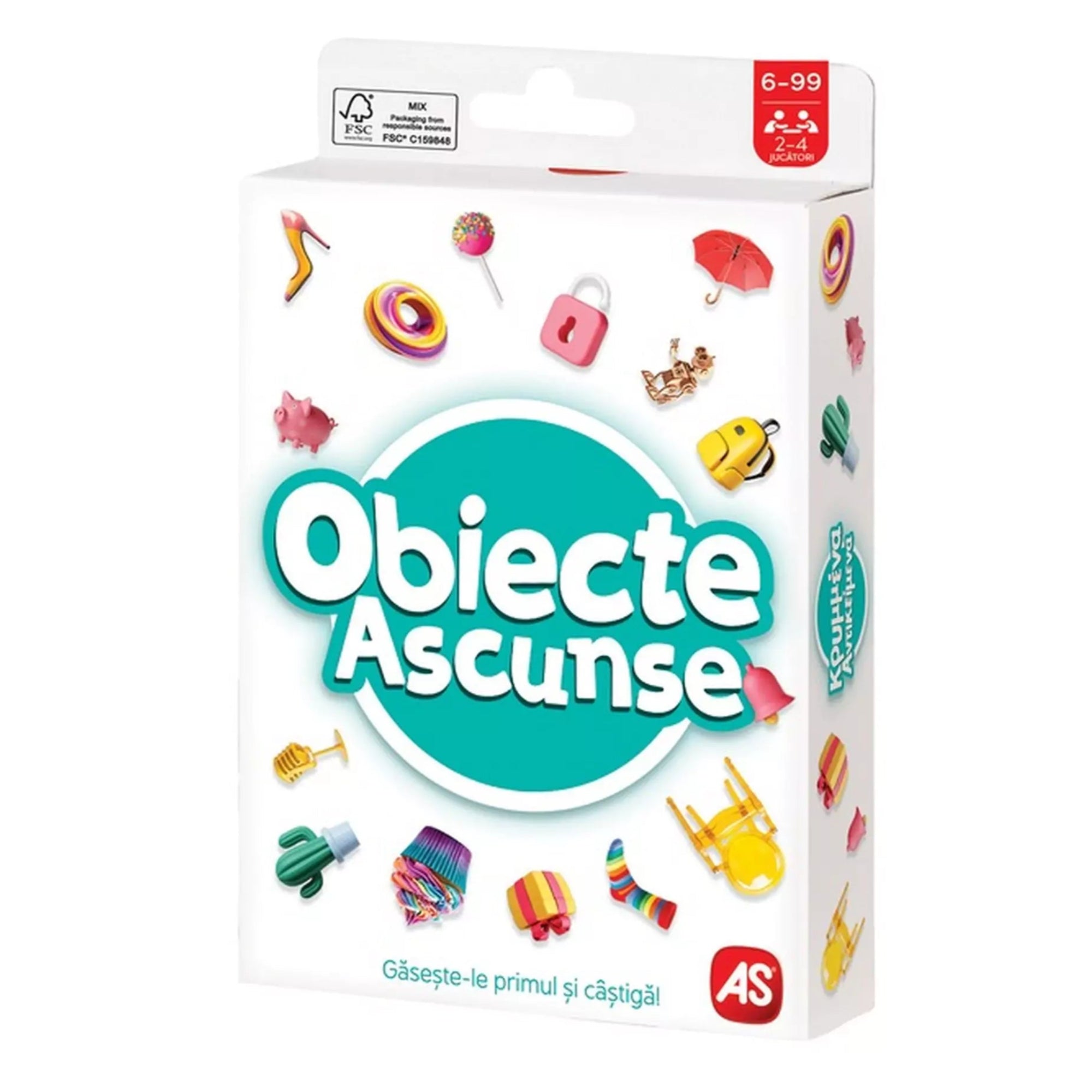 „Obiecte Ascunse társasjáték doboza, színes kis tárgyakkal díszített fehér csomagolás, 6–99 éves korosztálynak, 2–4 játékos részére.”