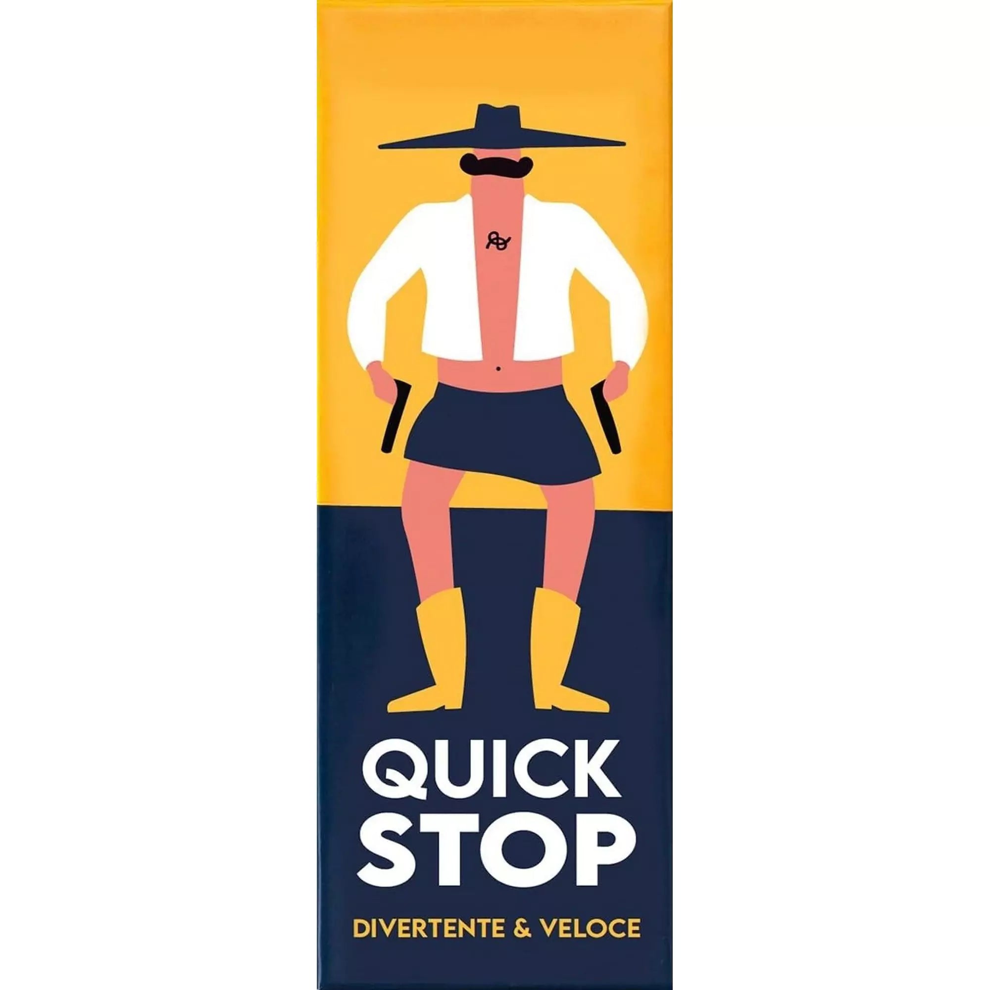 „A Quick Stop társasjáték doboza, amelyen egy stilizált, kalapos, bajuszos figura látható sárga háttér előtt, western párbaj hangulatot idézve.”