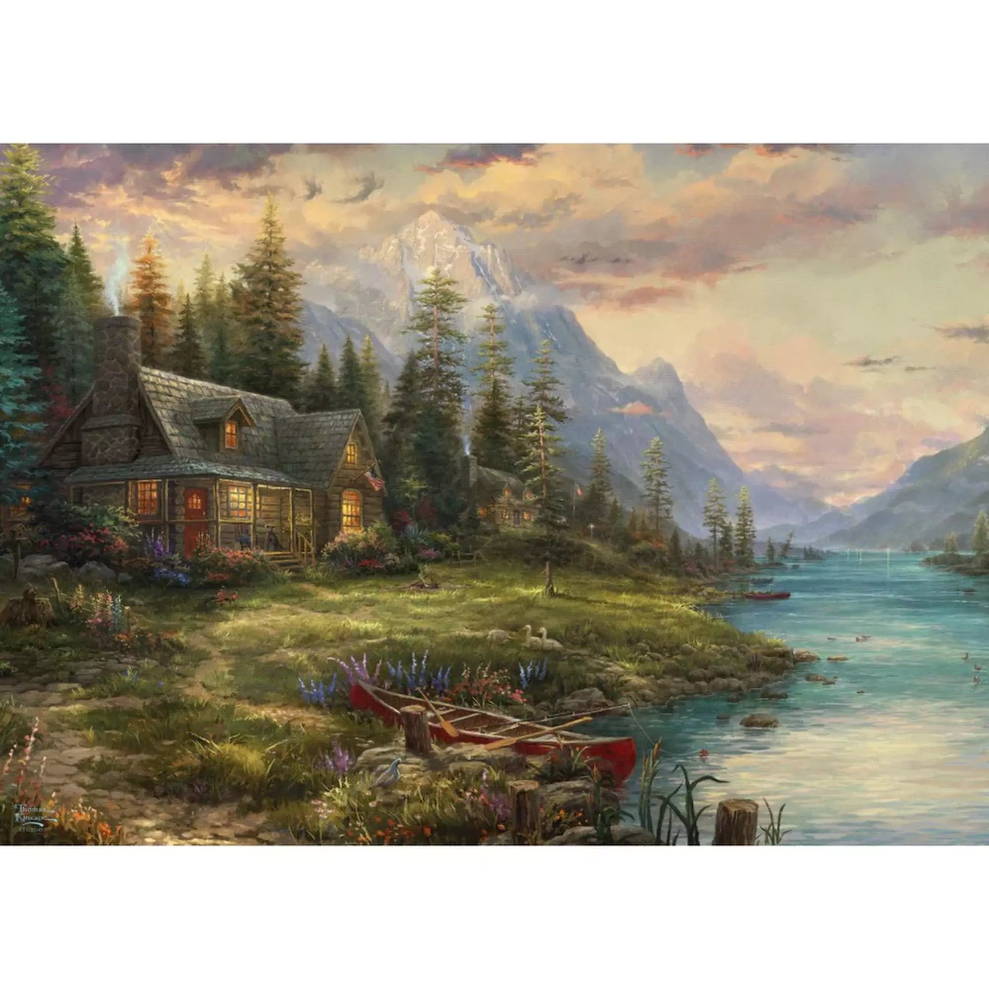 „Thomas Kinkade festménye a Schmidt Puzzle Apák napi kirándulás 1000 darabos kirakóból, hegyi táj, faház és folyó nyugodt környezetben.”
