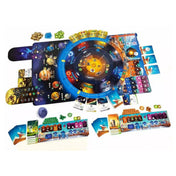 SETI – Kutatás a földön kívüli élet után társasjáték, teljes játéktábla és alkatrészek felülnézetből