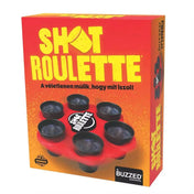 A Shot Roulette társasjáték doboza, élénk piros-sárga színben, középen a játékkal és fekete poharakkal, szlogennel: „A véletlenen múlik, hogy mit iszol!”.