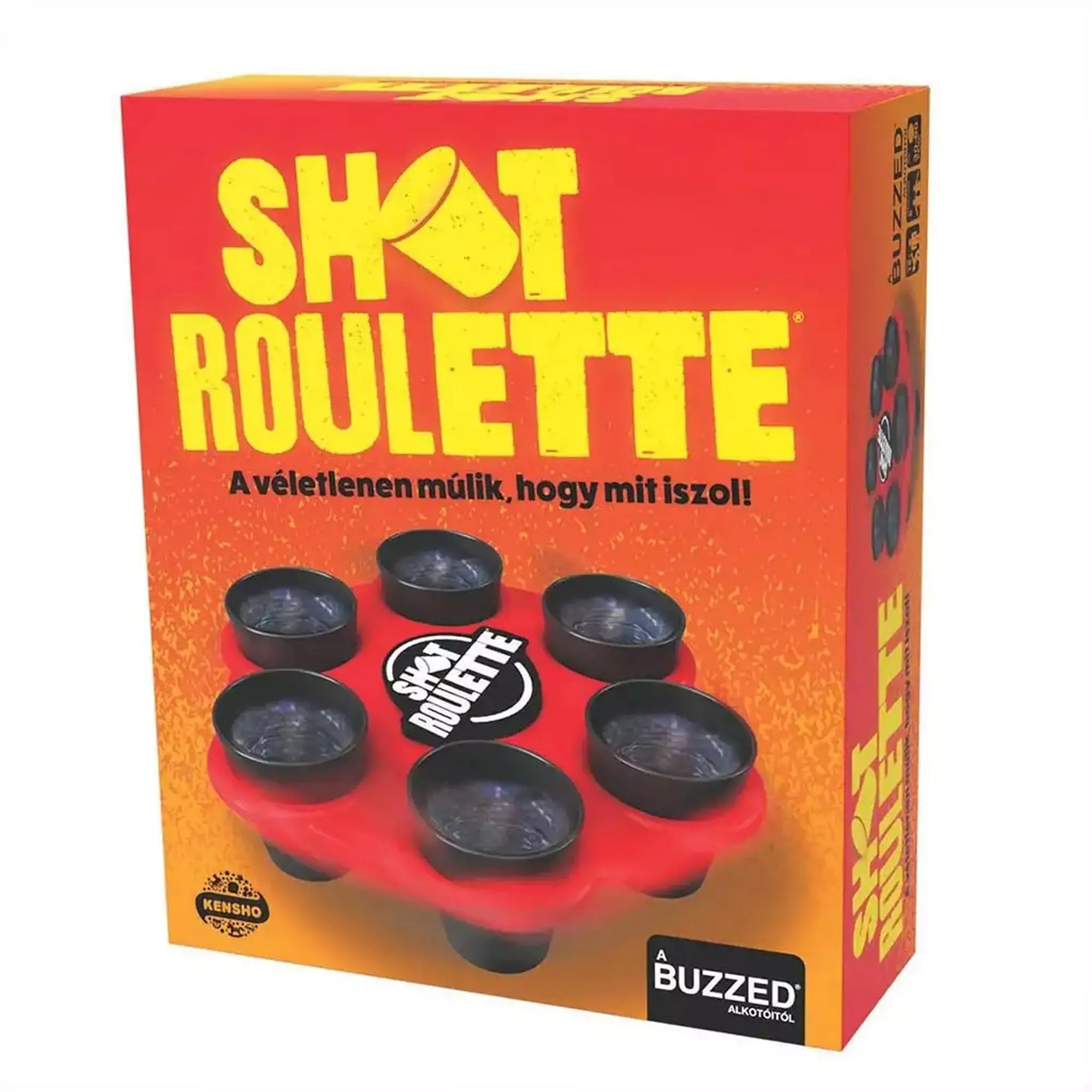 A Shot Roulette társasjáték doboza, élénk piros-sárga színben, középen a játékkal és fekete poharakkal, szlogennel: „A véletlenen múlik, hogy mit iszol!”.