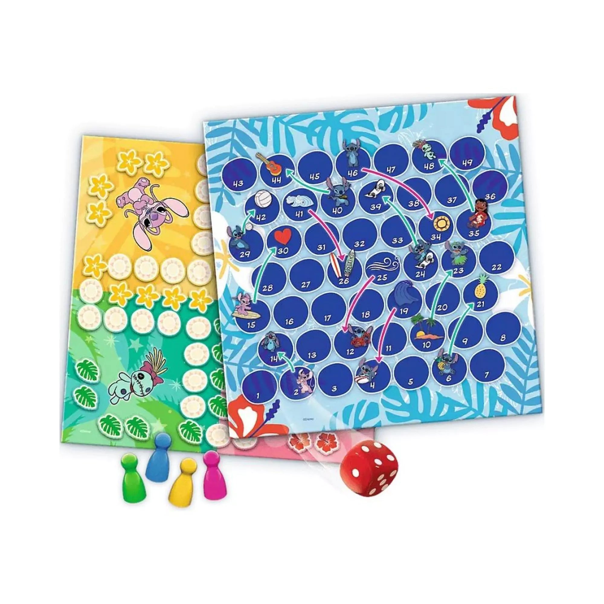 Stitch 2 az 1-ben társasjáték kétoldalas játéktáblái dobókockával és színes bábukkal, Stitch és Angel figurákkal díszítve.
