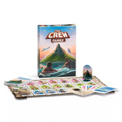 „The Crew Family magyar nyelvű társasjáték doboza és tartalma: színes kártyák, játéktábla és jelölők egy lakatlan szigetes kooperatív kalandhoz.”