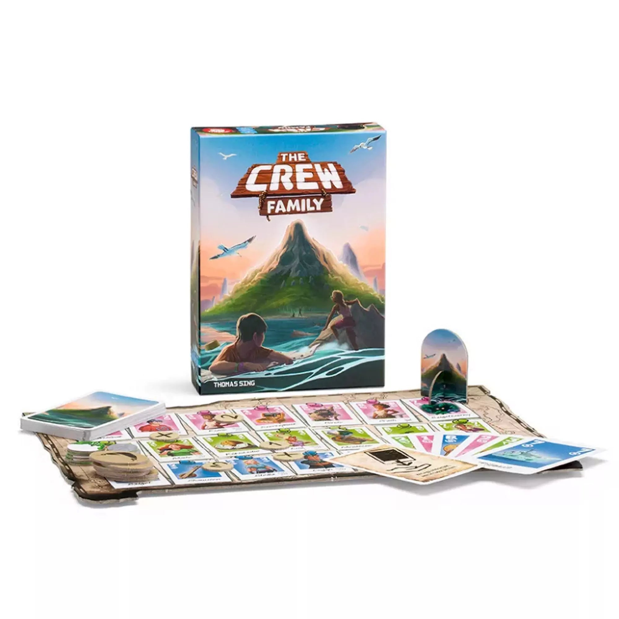 „The Crew Family magyar nyelvű társasjáték doboza és tartalma: színes kártyák, játéktábla és jelölők egy lakatlan szigetes kooperatív kalandhoz.”