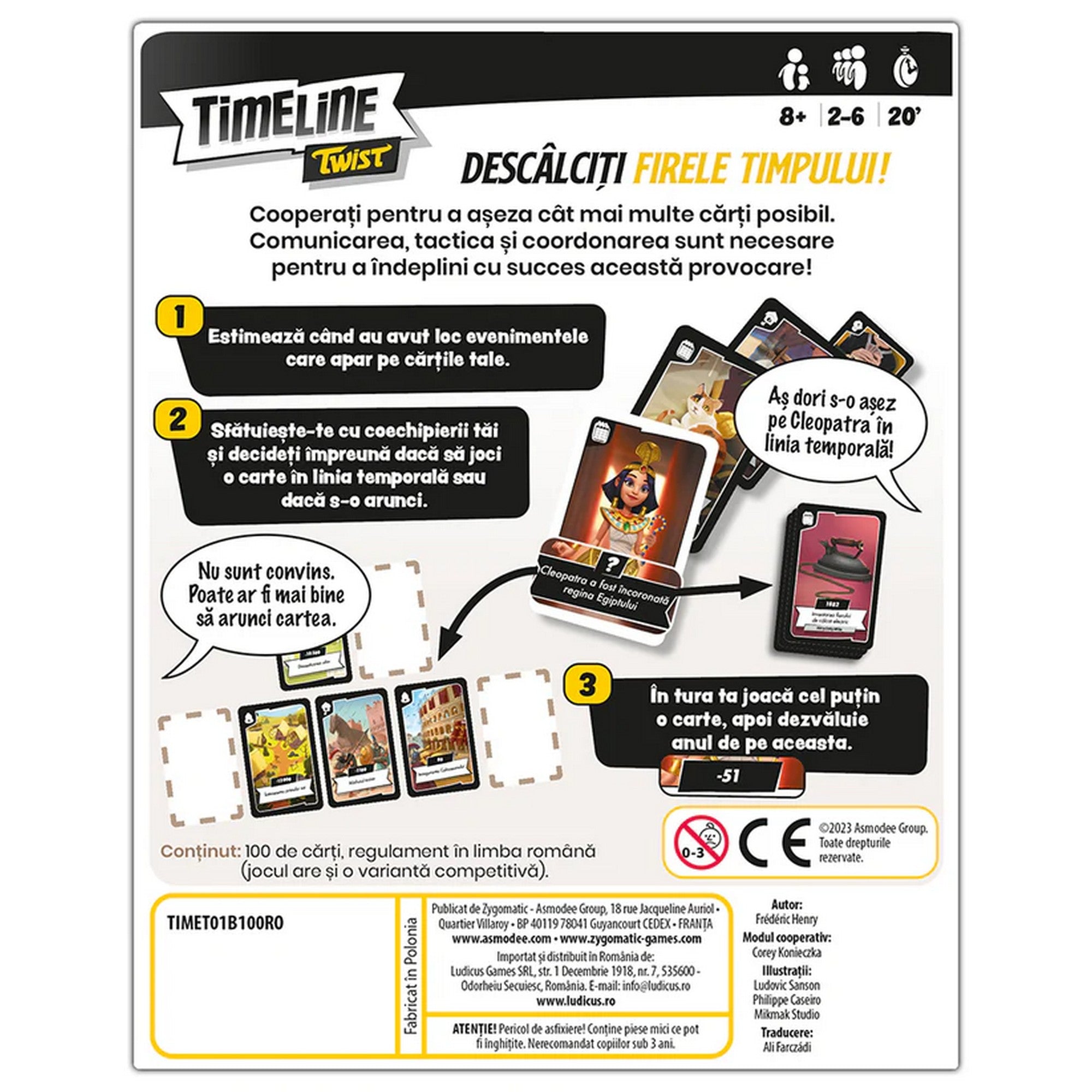 A Timeline Twist társasjáték részletes bemutatása a játékszabályokkal és a kooperációs játék lépéseivel a doboz hátoldalán.