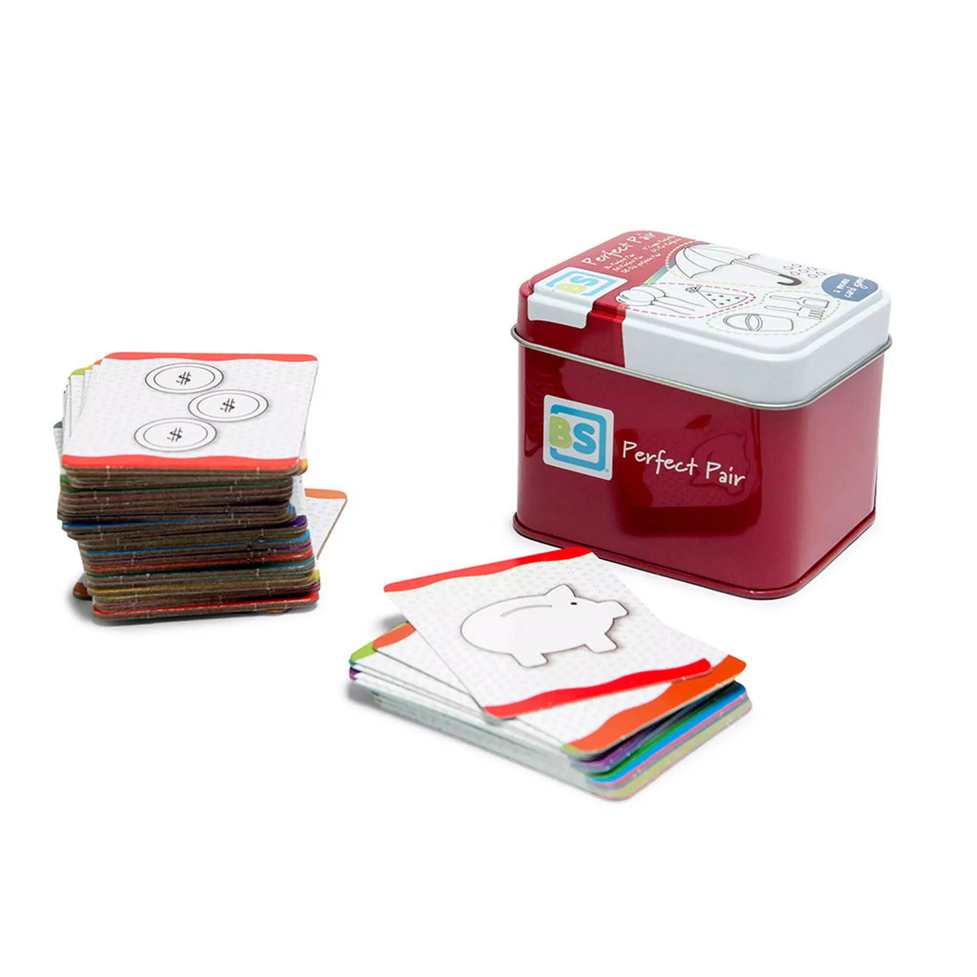 A Tökéletes páros, Memóriajáték, BS Toys fémdobozos változata, mellette a színes, mintás memóriakártyák halmaza.