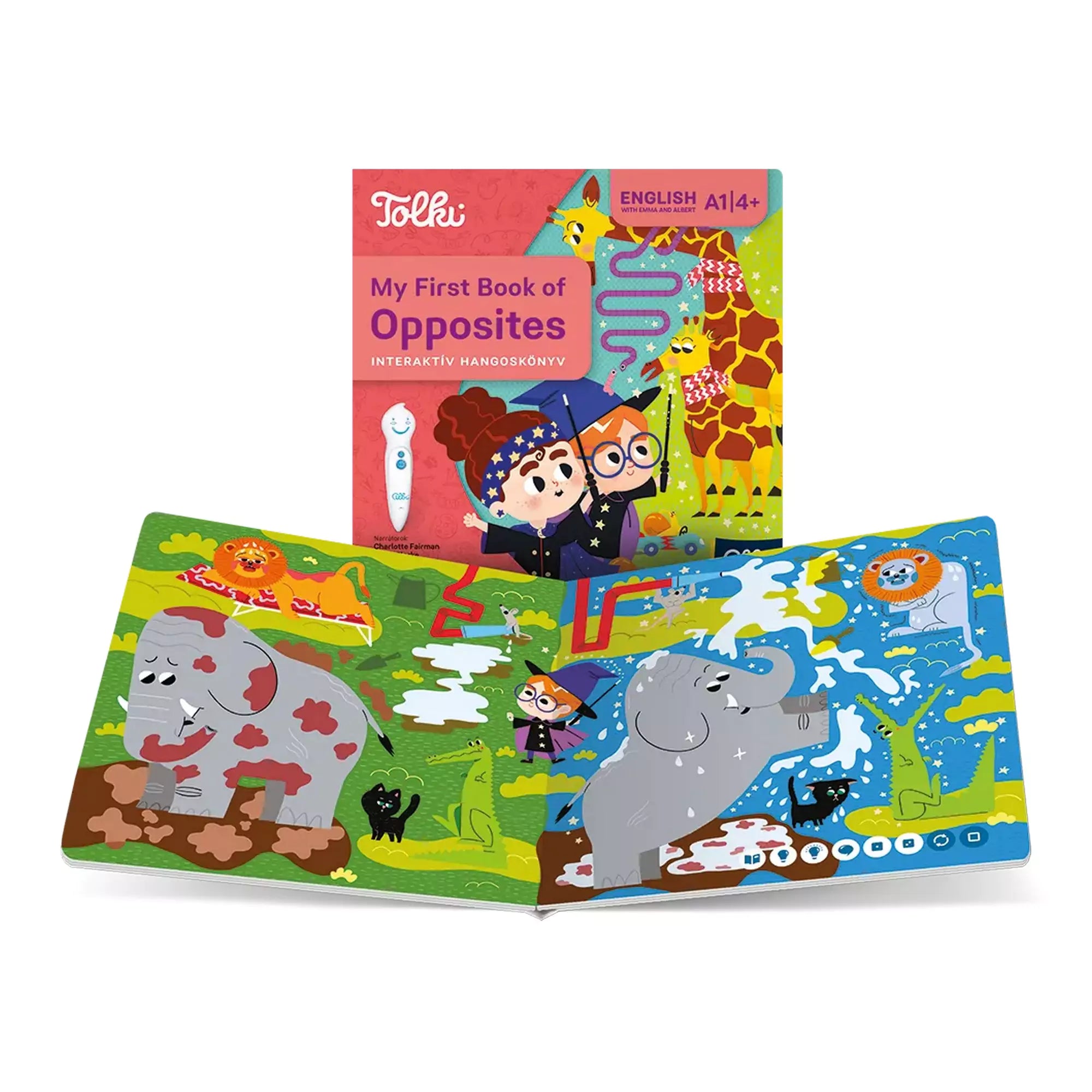 A Tolki My First Book of Opposites interaktív hangoskönyv nyitott állapotban, színes állatos illusztrációkkal és az eredeti borítóval.