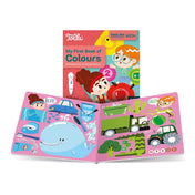 Tolki My First Book of Colours interaktív hangoskönyv nyitott oldalai kék és zöld színű tárgyakkal, hátul a színes borítóval.