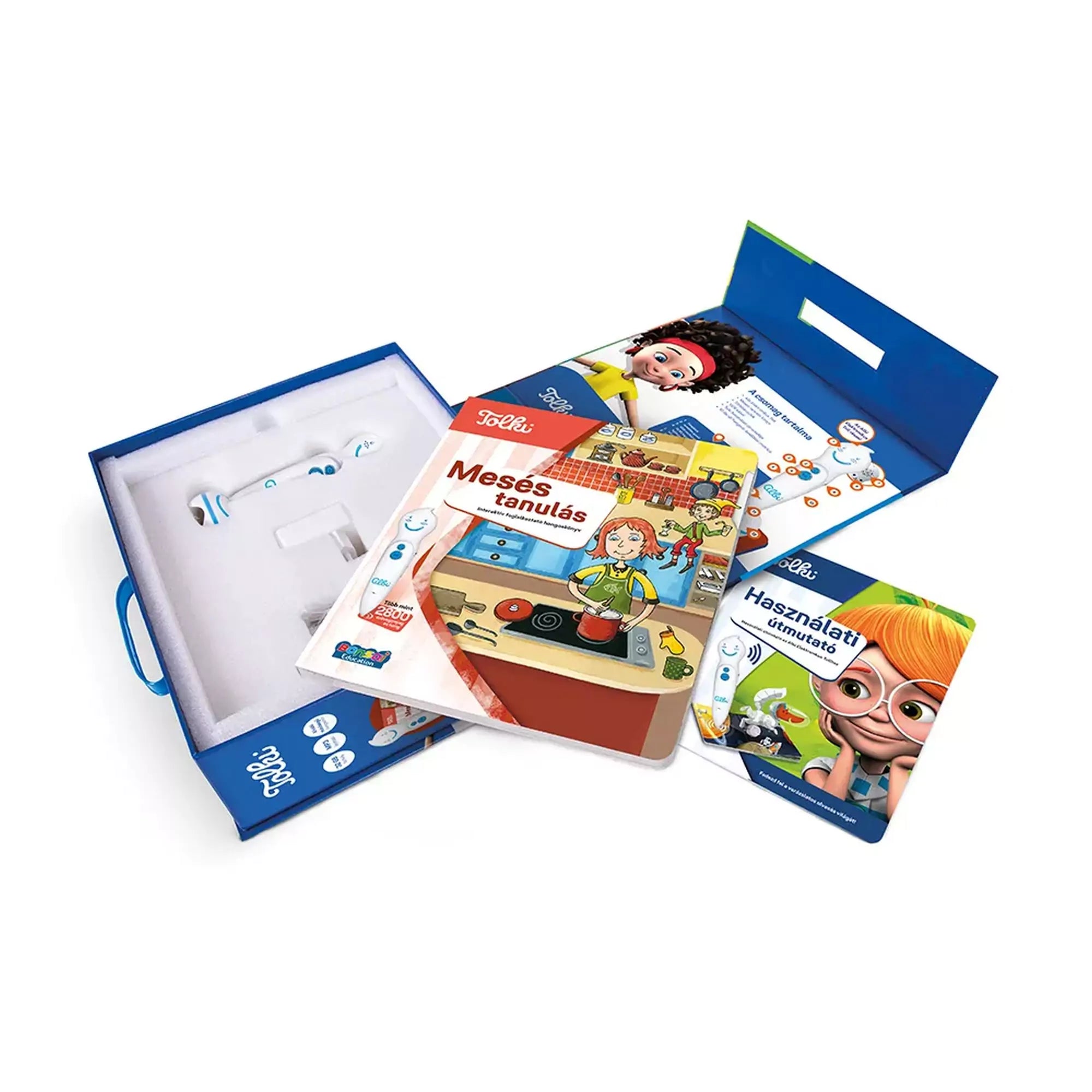 A Tolki Mesés tanulás szett tartalma: interaktív toll, színes foglalkoztató könyv és használati útmutató a nyitott dobozban.