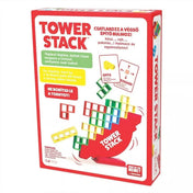 Tower Stack társasjáték doboz hátoldala, a játékszabály rövid leírásával, színes elemekkel és a piros egyensúlyozó torony illusztrációjával.