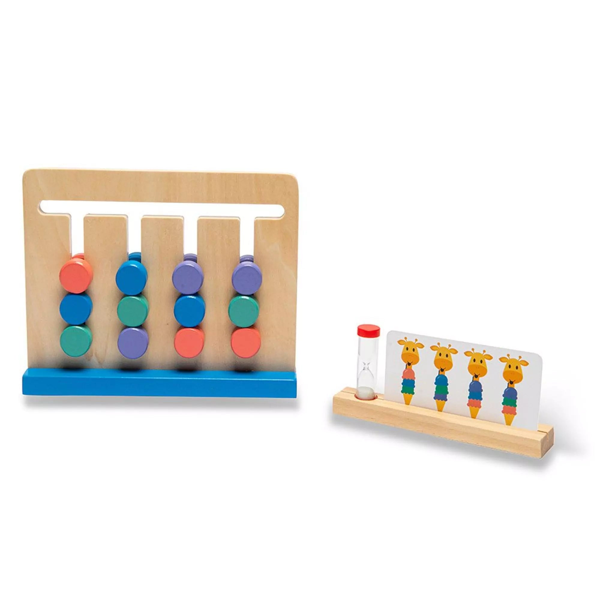 A Zsiráf Kihívás játék használat közben, fa játéktáblán elrendezett színes csúszkákkal és kihíváskártyával.