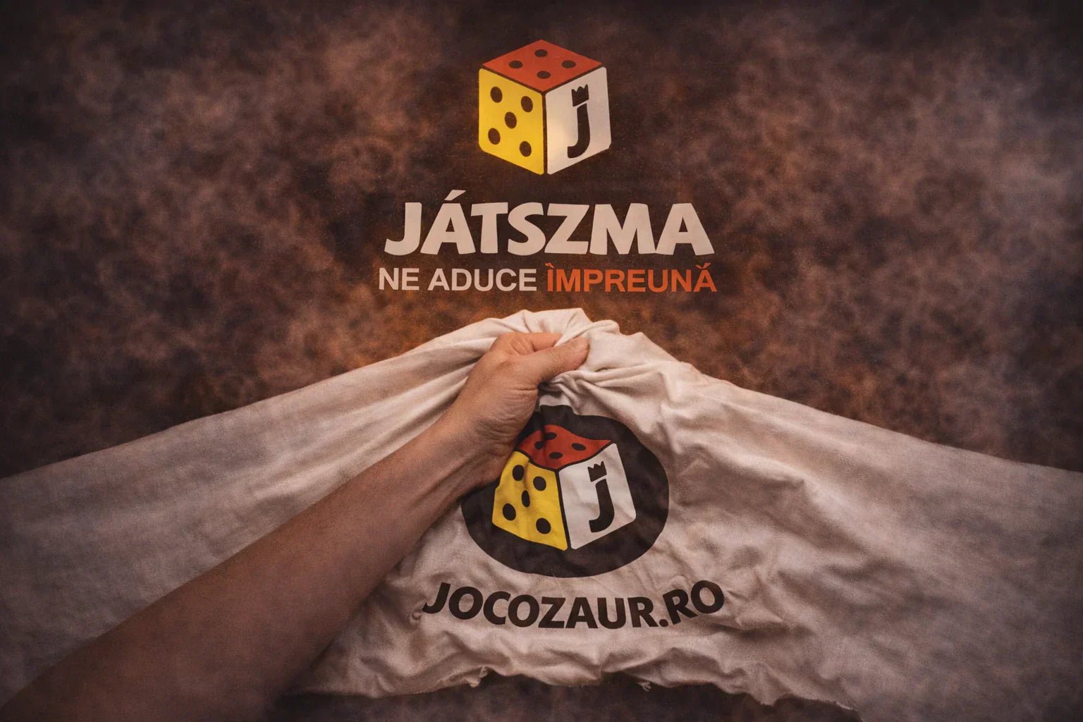 Kéz egy Jocozaur logós vásznat húz le lefelé, amely alatt a Játszma logó jelenik meg, drámai, füstös háttérrel