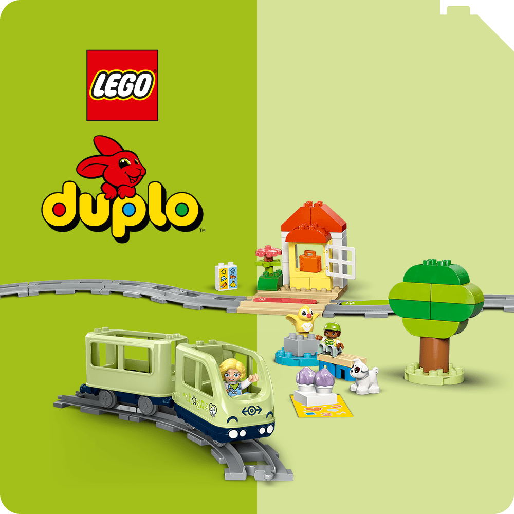 LEGO® DUPLO: színes vonatkészlet kisgyermekeknek, sínekkel, állatokkal és házzal, mely fejleszti a kreativitást és a képzelőerőt játék közben.