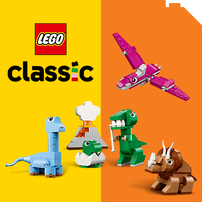 LEGO® Classic: kreatív dinoszaurusz és vulkán szett, színes építőelemekkel, amely fejleszti a gyerekek képzelőerejét és alkotókészségét.
