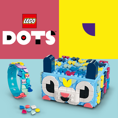 LEGO® DOTS: színes kreatív készlet karkötővel és tárolódobozzal, amely lehetővé teszi az egyedi minták és kiegészítők megalkotását.