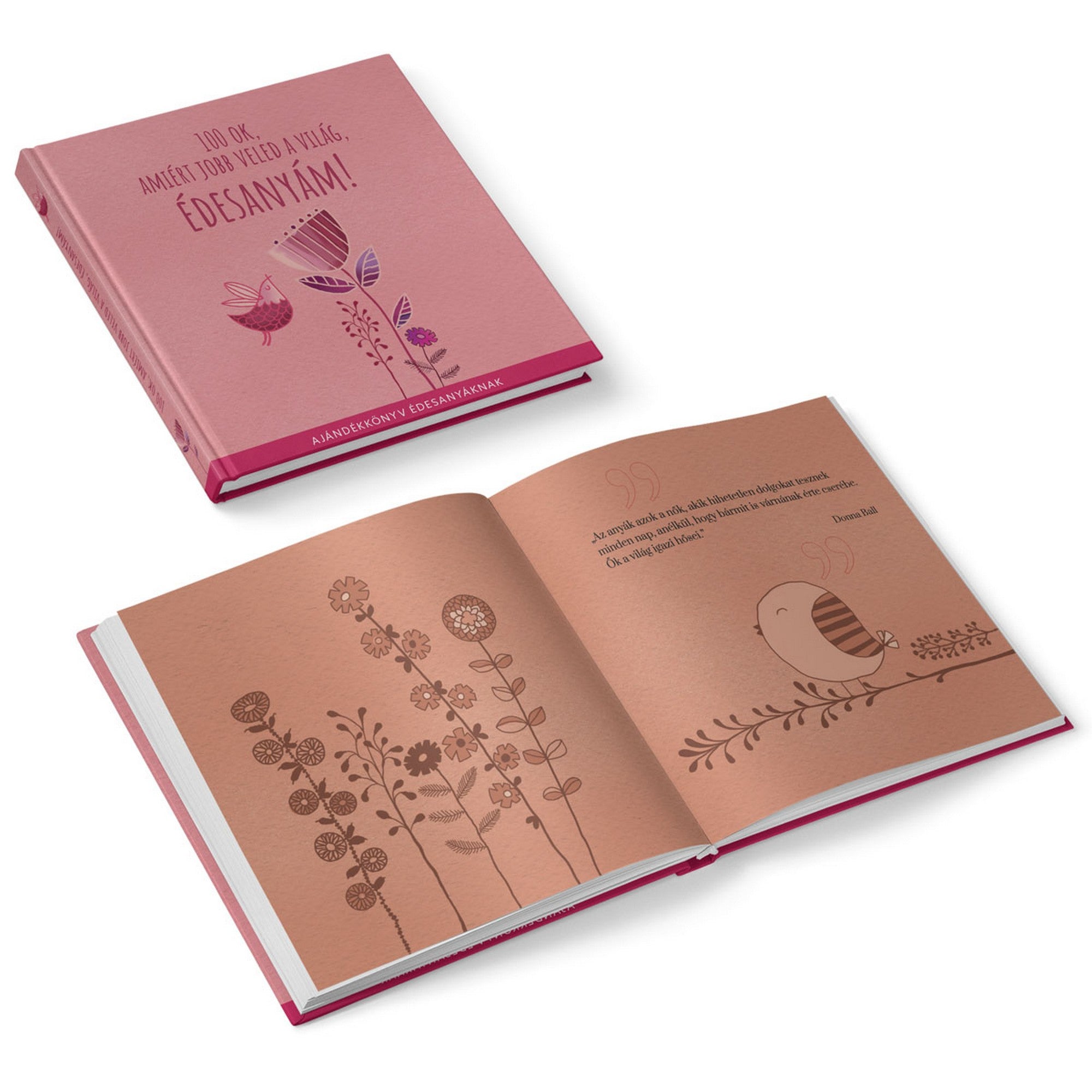 100 ok, amiért jobb veled a világ, édesanyám! könyv nyitott állapotban, idézetekkel és finom, dekoratív grafikákkal.