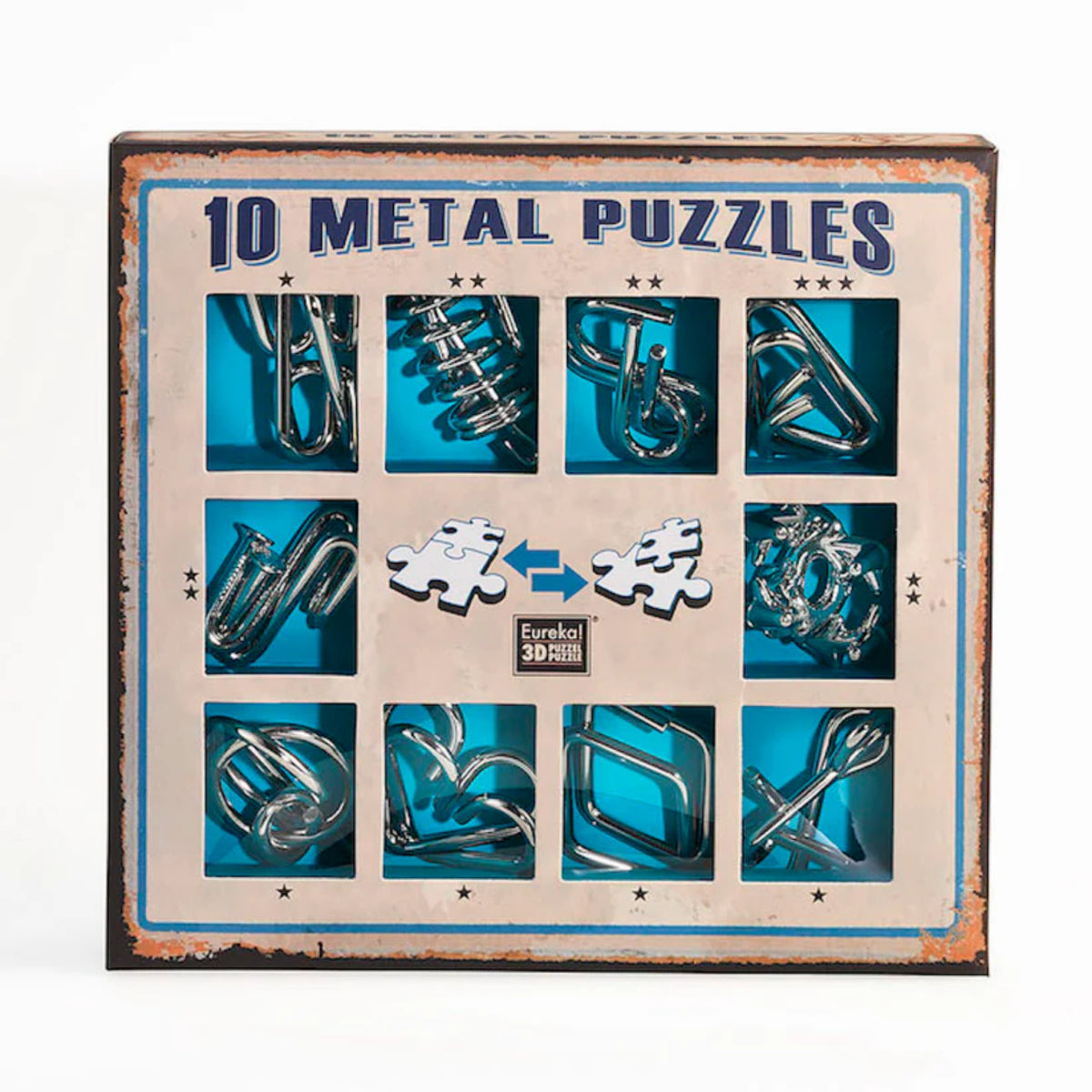 10 Metal Puzzle Set kék változata, amely tíz különféle, kihívást jelentő fém kirakót tartalmaz; a doboz belsejében élénk kék háttér emeli ki az elemek formáját.