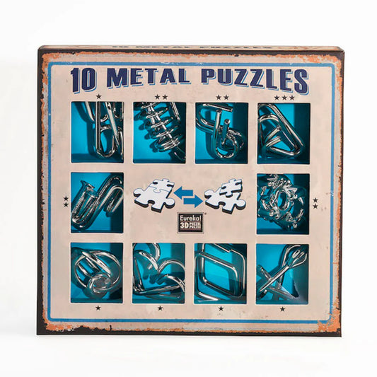 10 Metal Puzzle Set kék változata, amely tíz különféle, kihívást jelentő fém kirakót tartalmaz; a doboz belsejében élénk kék háttér emeli ki az elemek formáját.