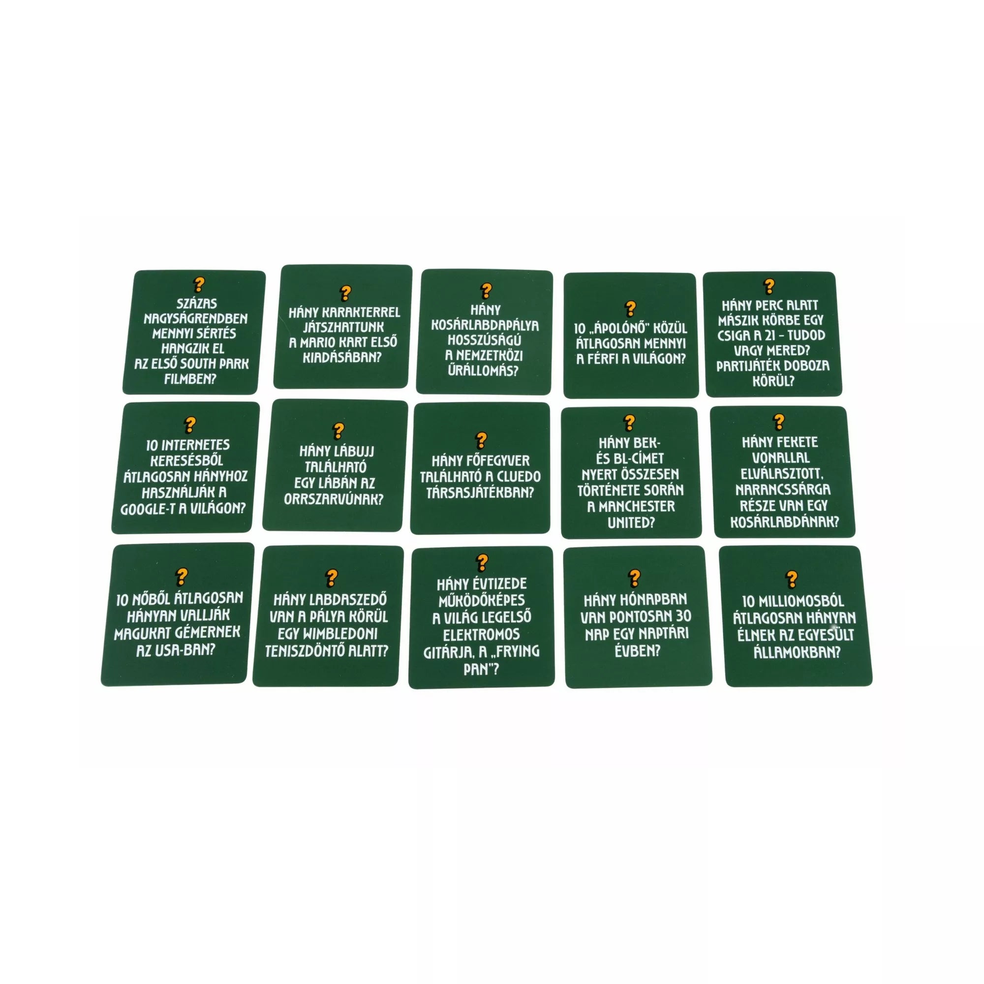 21 – Tudod vagy mered? társasjáték kérdéskártyái változatos becslős kérdésekkel, zöld hátlappal