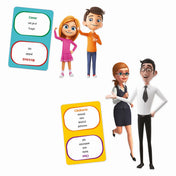 „Copii vs Părinți – Găsește Cuvântul! játék kártyái és a gyerekeket, illetve szülőket ábrázoló figurák fehér háttéren.”