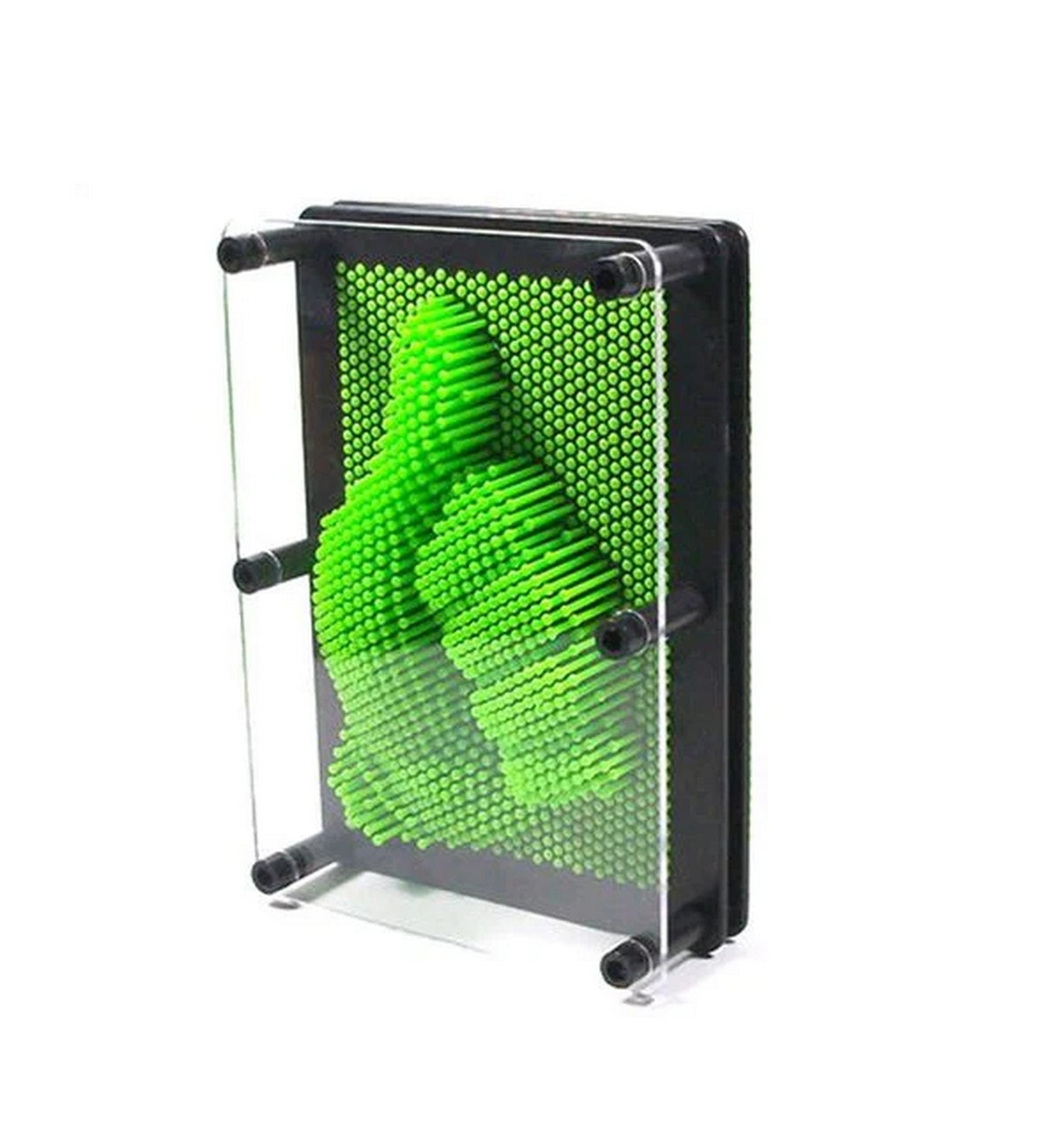 3D Pin Art képkirakó: Zöld 12,5 cm tűs képalkotó játék, kéznyomot kirajzoló 3D mintával a panelen.