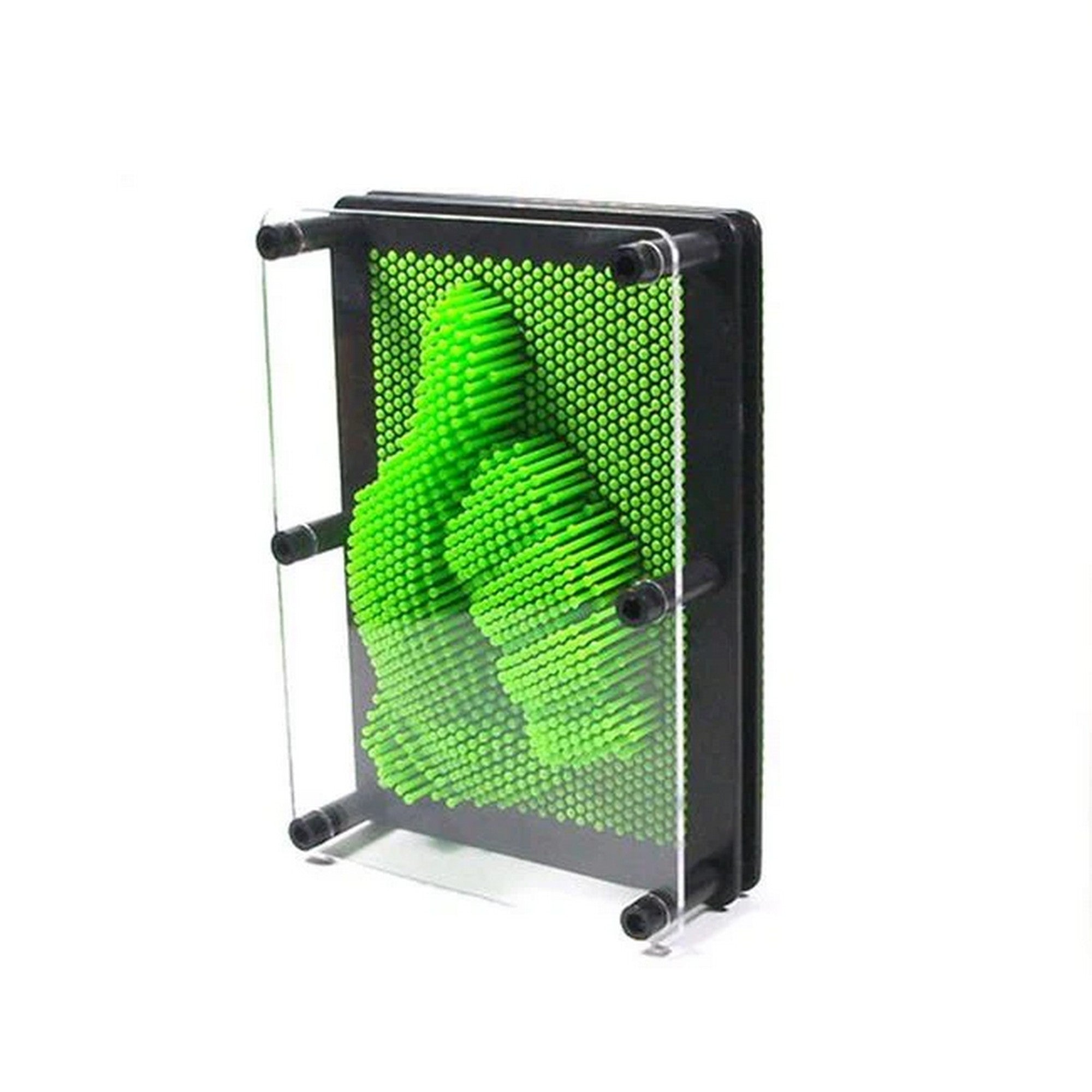 3D Pin Art képkirakó: Zöld 12,5 cm tűs képalkotó játék, kéznyomot kirajzoló 3D mintával a panelen.