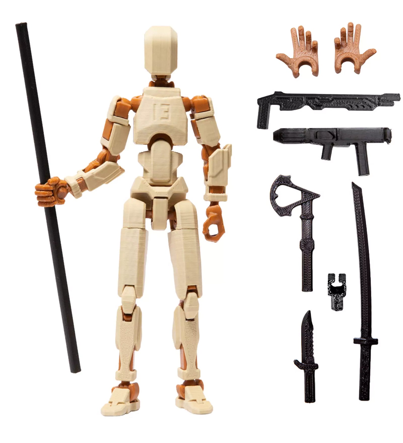 3D Robotfigura R13: Krém-barna – Teljesen mozgatható, 3D-nyomtatott akciófigura cserélhető fegyverekkel és kiegészítőkkel, ideális sci-fi rajongóknak.