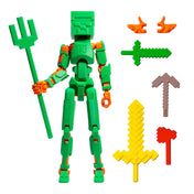 3D Robotfigura R13: Minecraft típus, zöld-narancssárga – Egyedi, kockafejű akciófigura tridenttel és pixelált fegyverekkel a kalandokhoz.