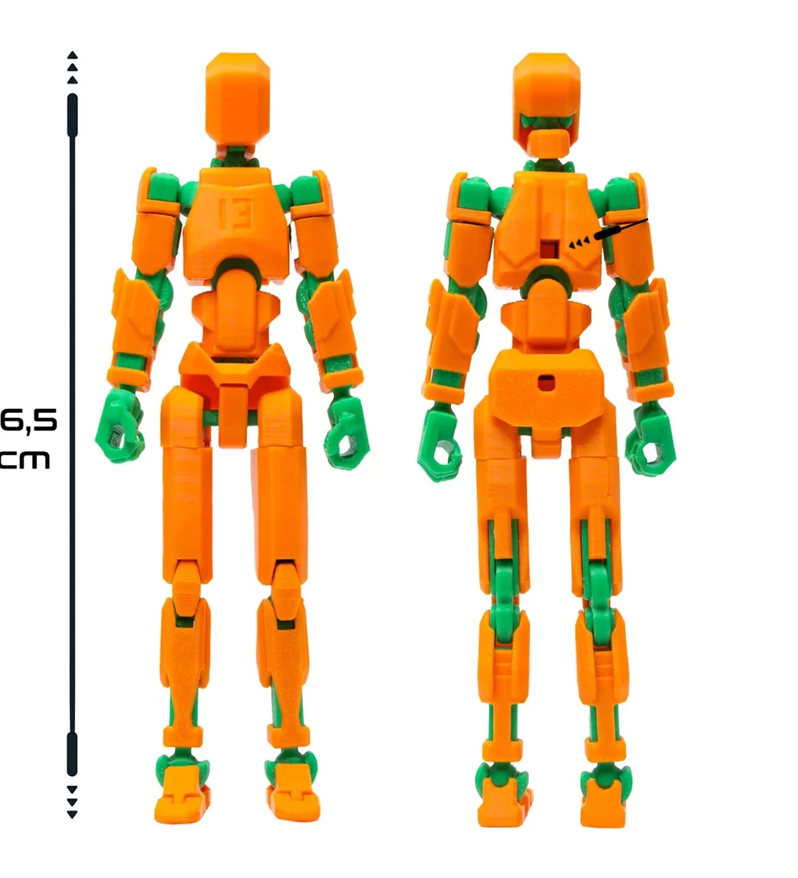 D Robotfigura R13: Narancssárga-zöld méretarány – Az elölről és hátulról látható figura 16,5 cm magas, részletes kidolgozással és mozgatható ízületekkel.
