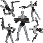 R13 Robocop akciófigura különböző dinamikus pózokban. A képen az R13 robotfigura többféle harci és akciópozícióban látható, különböző fegyverekkel és kiegészítőkkel felszerelve.