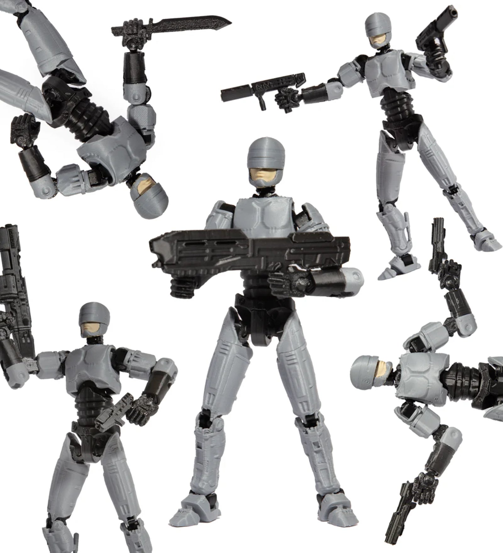 R13 Robocop akciófigura különböző dinamikus pózokban. A képen az R13 robotfigura többféle harci és akciópozícióban látható, különböző fegyverekkel és kiegészítőkkel felszerelve.