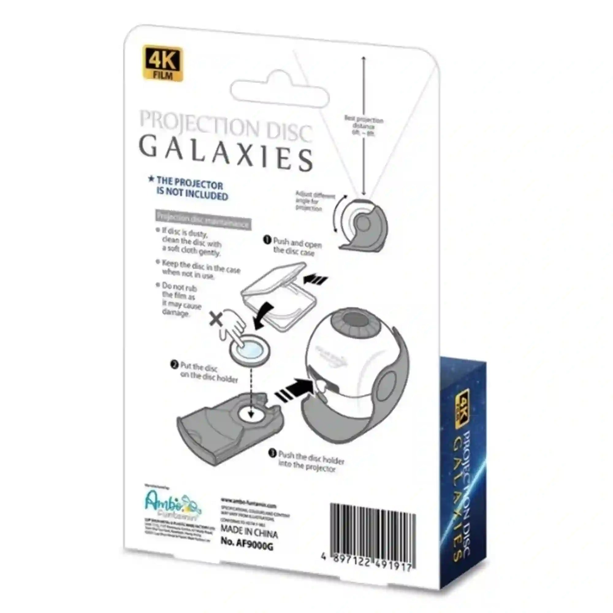 4 darabos vetítőlemez-készlet: Galaxisok – a csomagolás hátoldala angol nyelvű használati útmutatóval, a vetítőlemez behelyezését bemutató ábrákkal és vonalkóddal.
