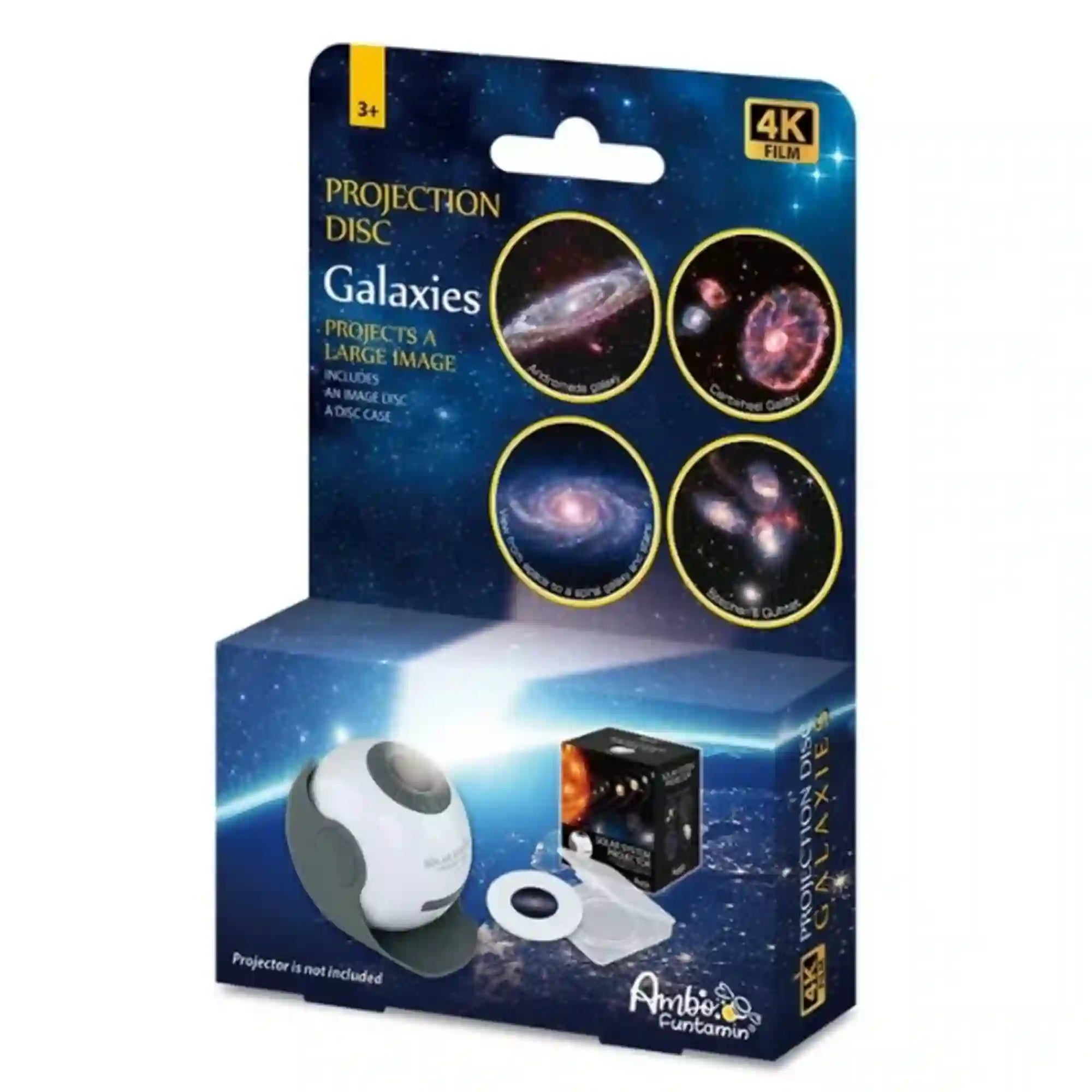 4 darabos vetítőlemez-készlet: Galaxisok – kék, csillagos mintájú termékcsomagolás négy galaxisfelvétellel, 4K jelöléssel és a planetárium projektor illusztrációjával.