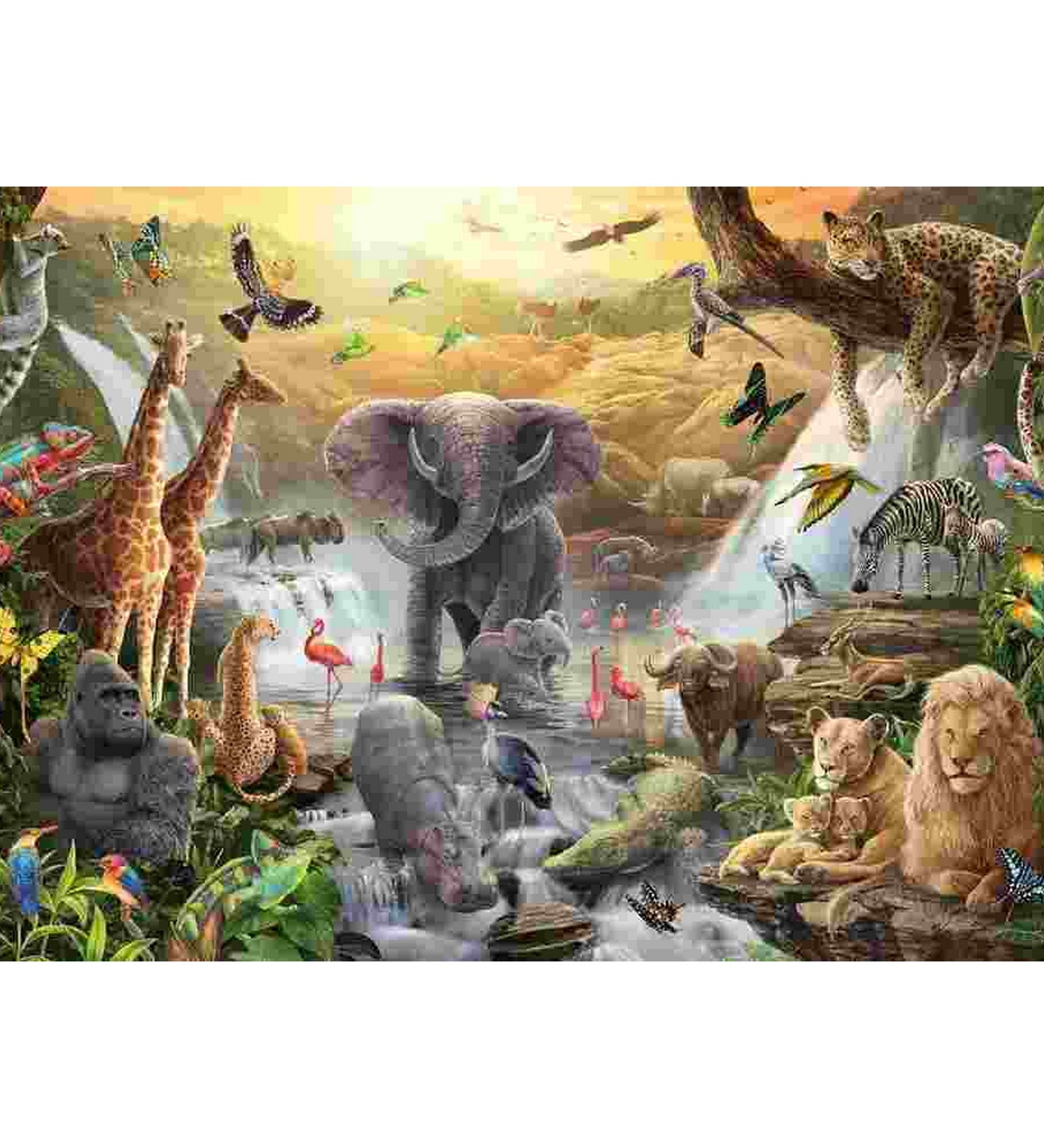 Schmidt Puzzle 60 darabos kirakó kirakott képe, részletgazdag szavannai jelenettel, elefánttal a vízben, zsiráfokkal, zebrával és oroszláncsaláddal.