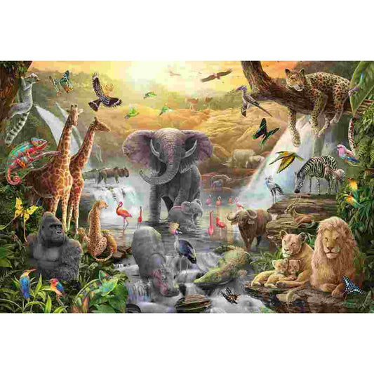 Schmidt Puzzle 60 darabos kirakó kirakott képe, részletgazdag szavannai jelenettel, elefánttal a vízben, zsiráfokkal, zebrával és oroszláncsaláddal.