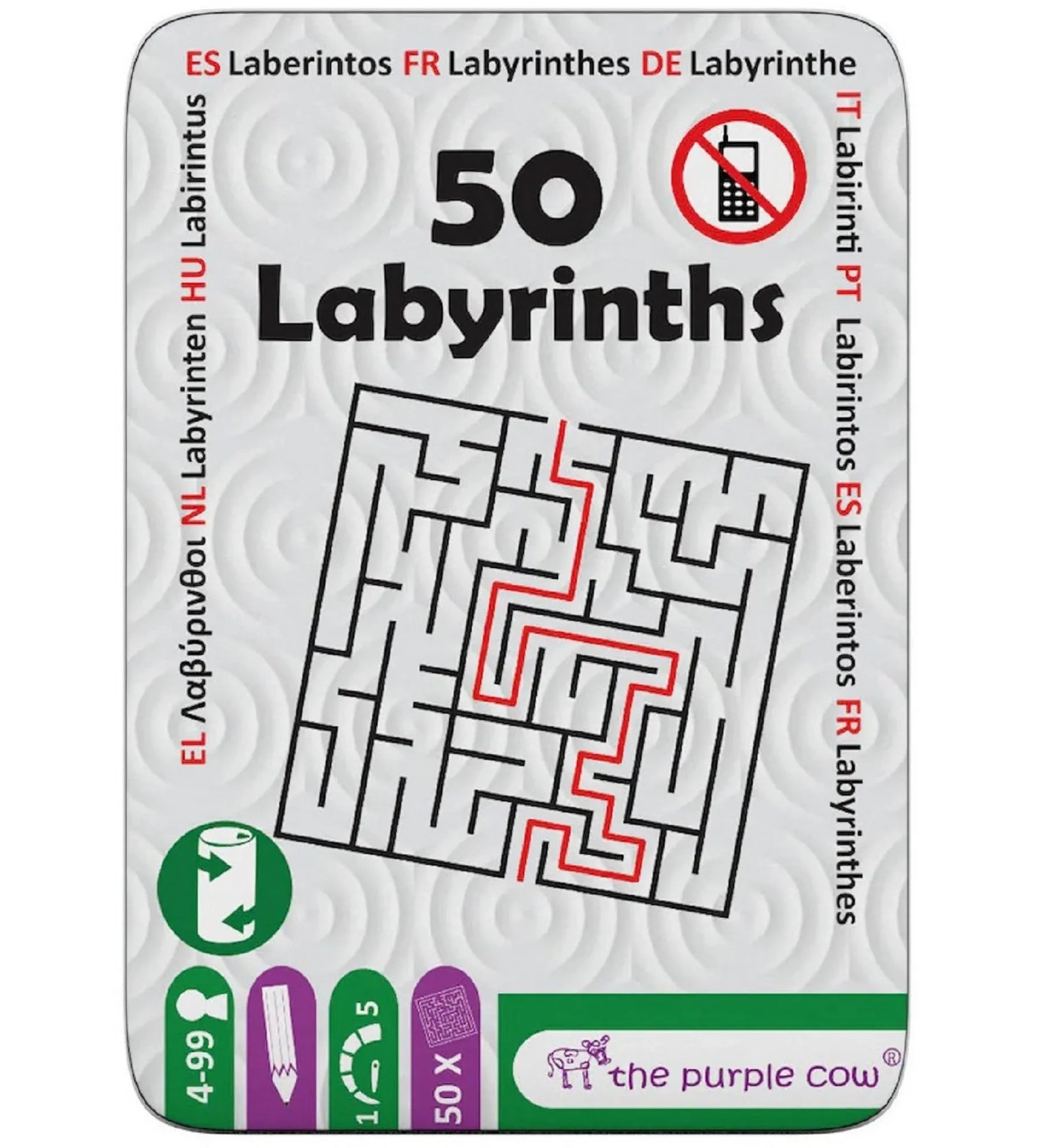 A 50 Labyrinths logikai játék fém dobozának elölnézete, labirintus mintával, a megoldást piros vonal jelzi, The Purple Cow márkajelzéssel.