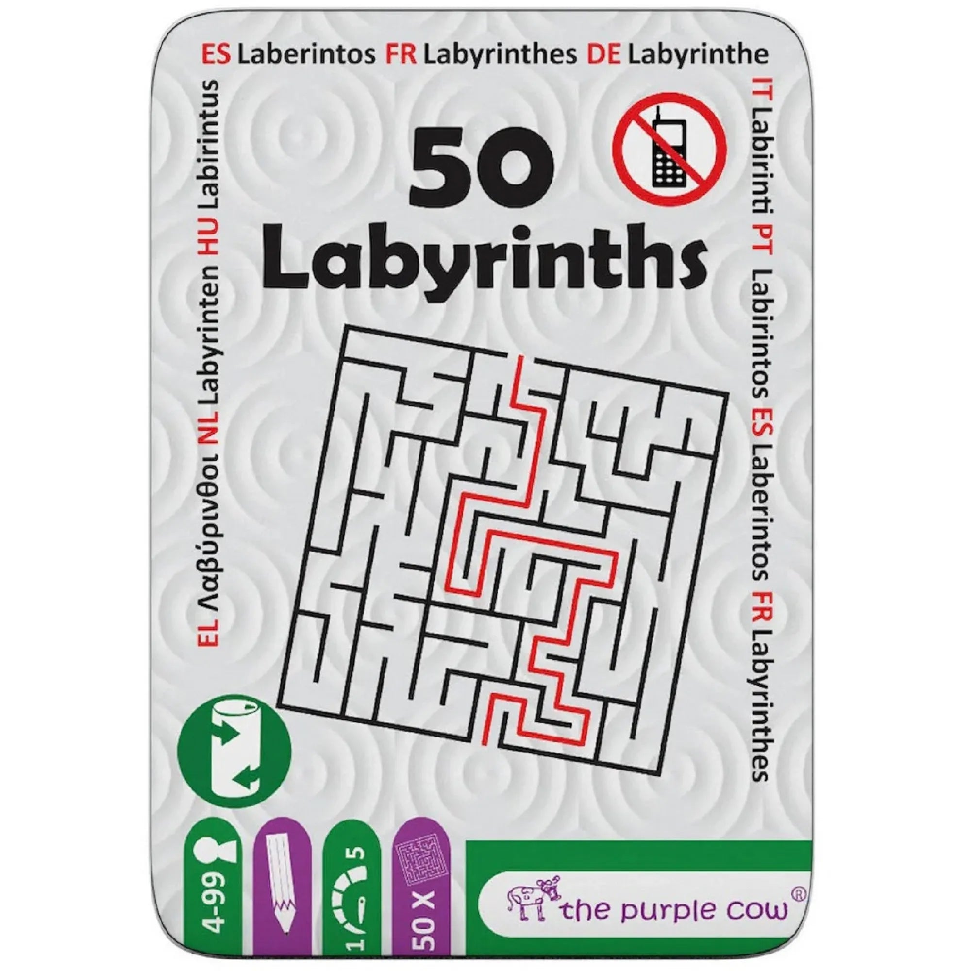 A 50 Labyrinths logikai játék fém dobozának elölnézete, labirintus mintával, a megoldást piros vonal jelzi, The Purple Cow márkajelzéssel.