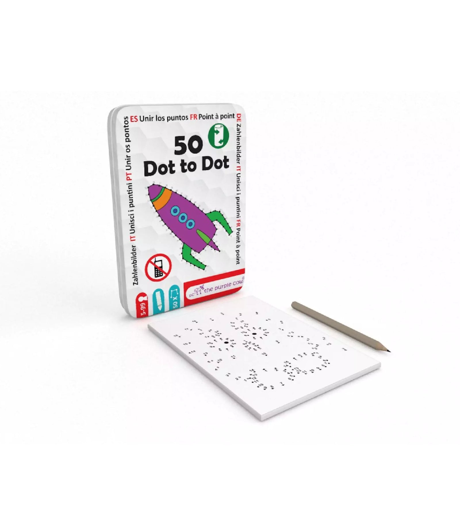 The Purple Cow – 50 Dot to Dot játék fémdobozban, mellette ceruza és pöttyösszám összekötős feladatlap látható.